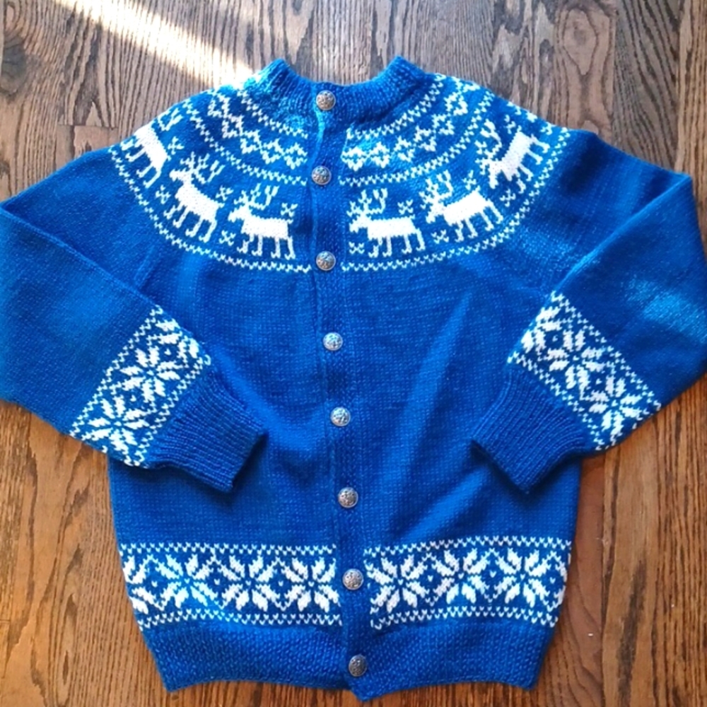 Hand knit.. Moose and snowflake wool cardigan